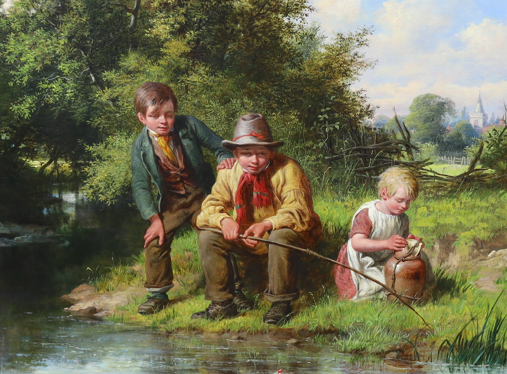 William Bromley (English, 1835-1888), 'Three children fishing', oil on canvas, 45 x 60cm